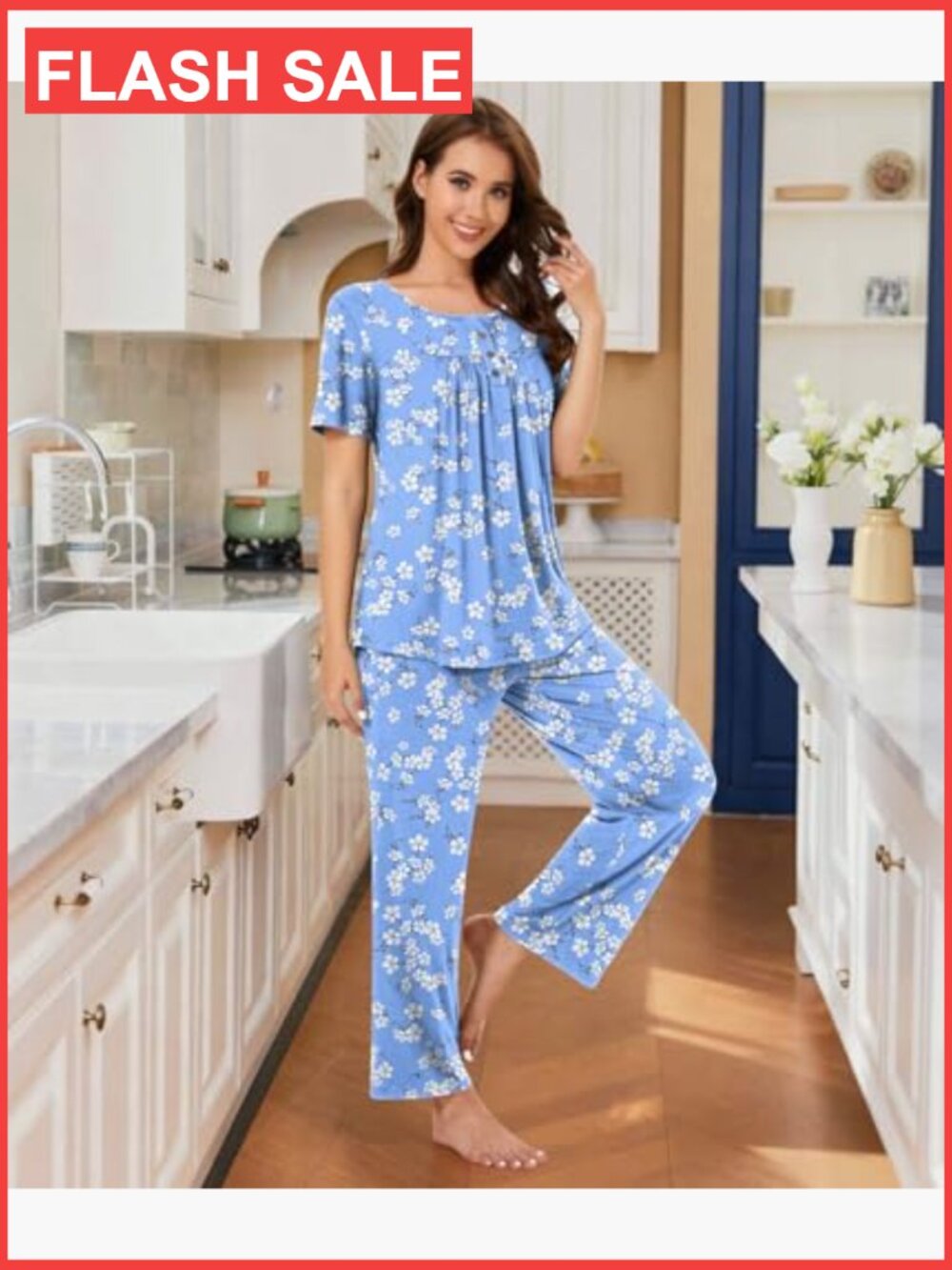 Women's 2-Piece Pajama Set Short Sleeve Lounge Outfit with Pockets - Picture 3 of 7